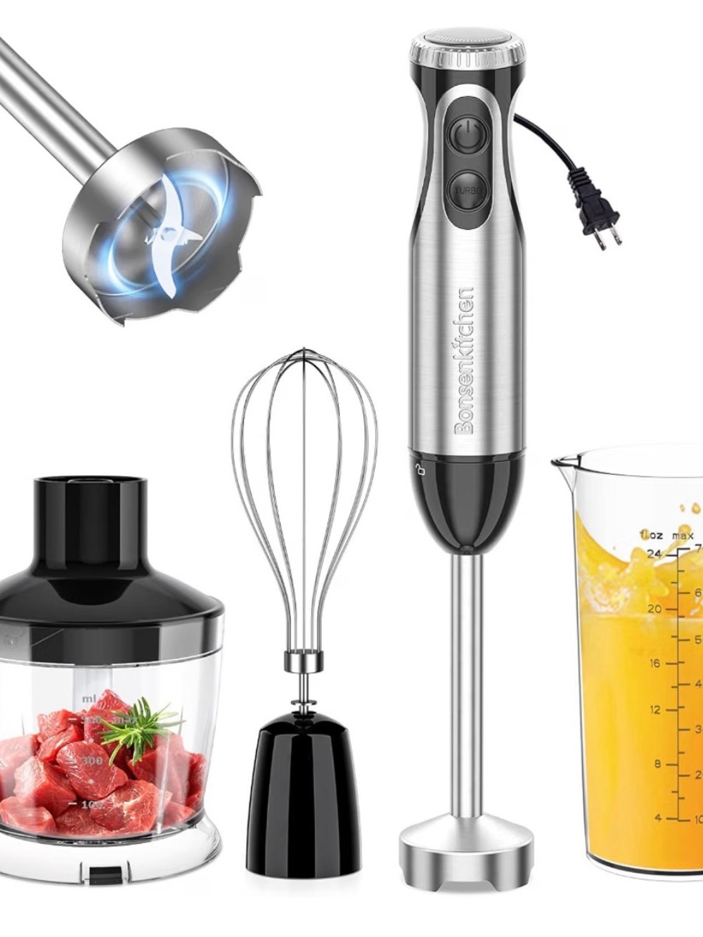 Electric Hand Blender with Chopper Attachment - Black and Clear